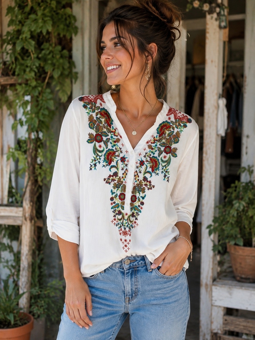 Solitaire White Tunic with Multicolor Floral Embroidery